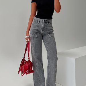 Chad High Rise Flared Cargo Jeans Washed Grey