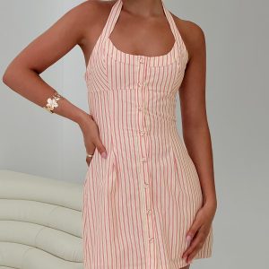 Mallorie Halter Mini Dress Pink Stripe