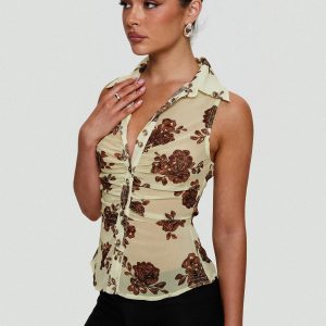 Present Tense Sheer Ruched Top Yellow Floral
