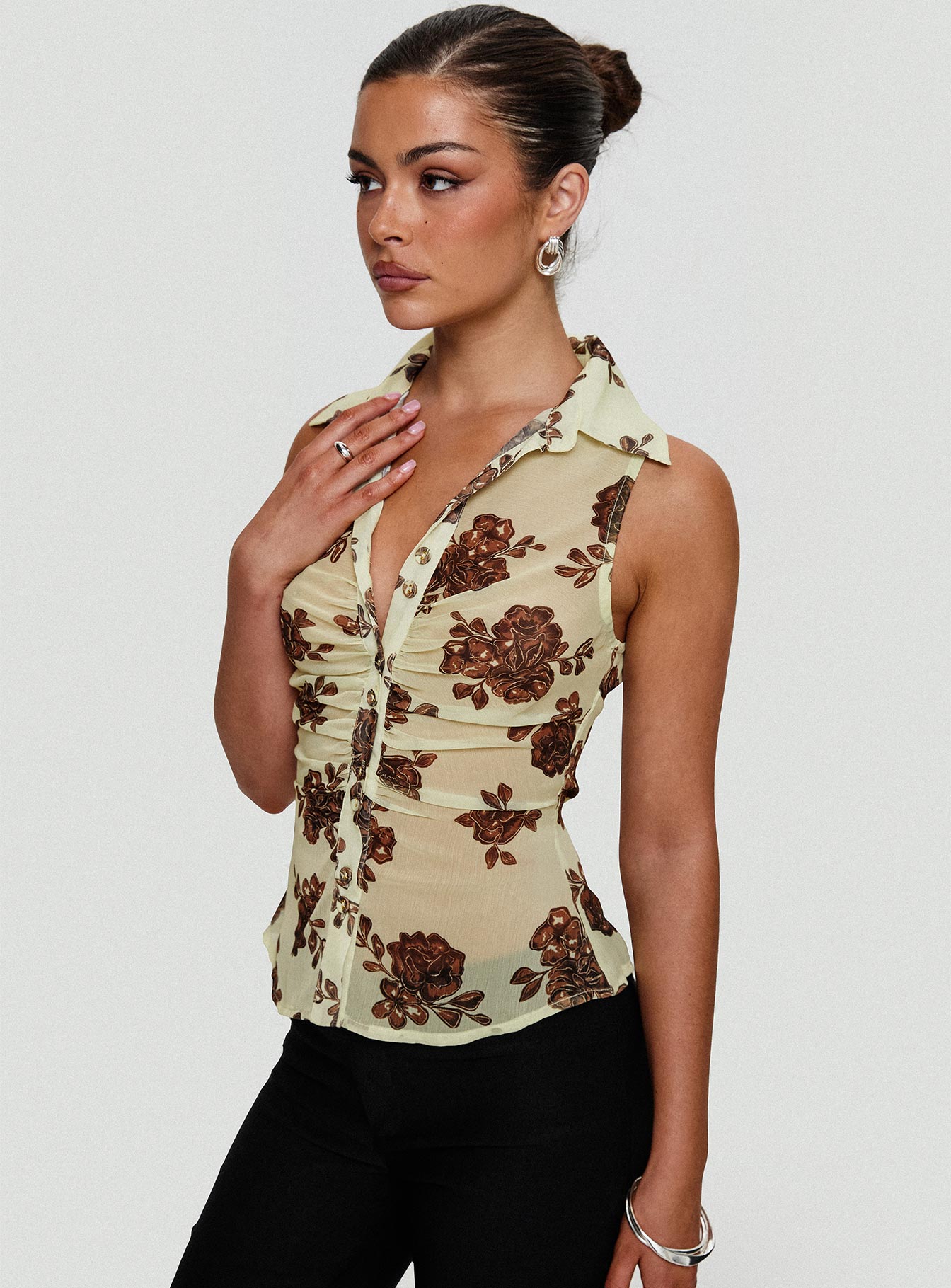 Present Tense Sheer Ruched Top Yellow Floral