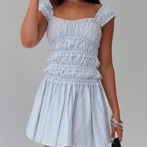 Wonderlust Shirred Mini Dress Blue Stripe