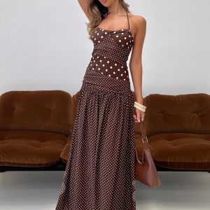 Marguerite Halter Maxi Dress Brown Polka Dot