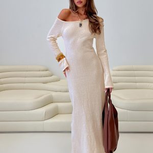 Kloey Long Sleeve Knit Maxi Dress Cream
