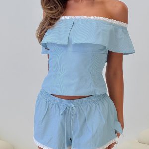 Summertime Sadness Off Shoulder Set Blue Stripe