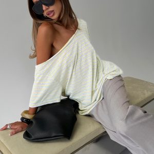 Winny Off Shoulder Tee Grey Marle / Lemon Stripe