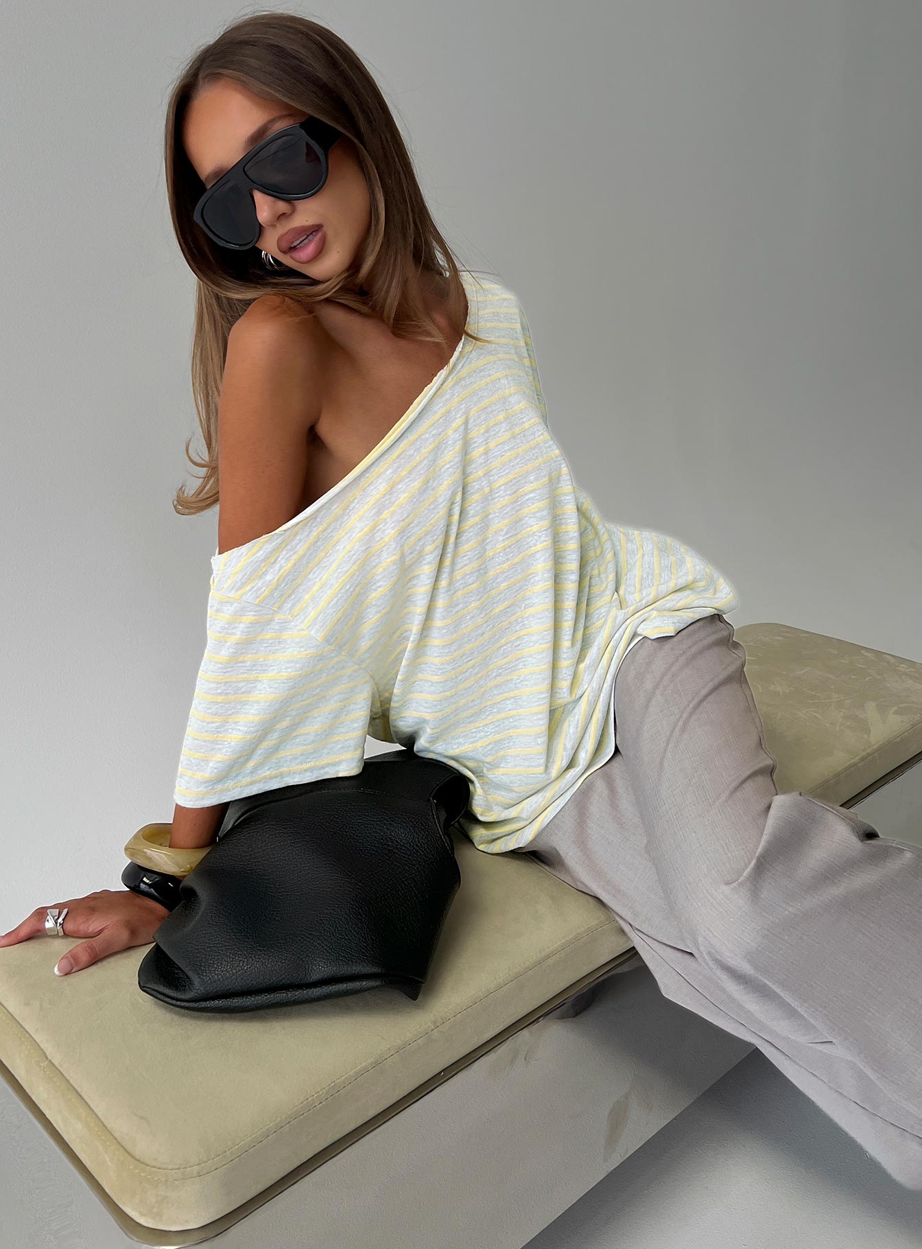 Winny Off Shoulder Tee Grey Marle / Lemon Stripe