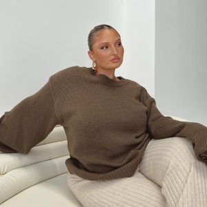 Harmony Balloon Sleeve Knit Sweater Dark Brown Curve