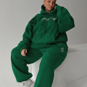 Princess Polly Track Pants Script Green / Ivory Curve