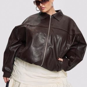 Goldsmith Faux Leather Bomber Jacket Brown Curve