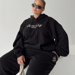 Princess Polly Hooded Sweatshirt Script Black / Ivory Curve