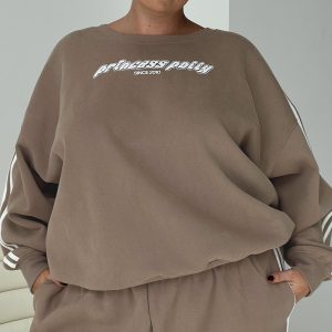 Princess Polly Crew Neck Sweatshirt Stripe Taupe / White Curve