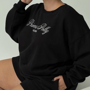 Princess Polly Crew Neck Sweatshirt Cursive Text Black Sand Curve