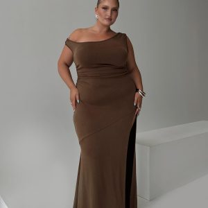 Rios One Shoulder Maxi Dress Brown Curve