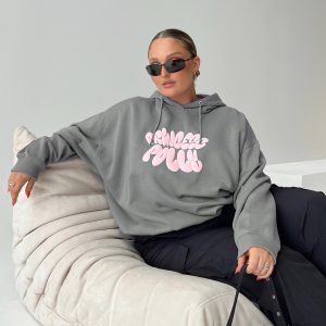 Princess Polly Hooded Sweatshirt Bubble Text Charcoal / Light Pink Curve