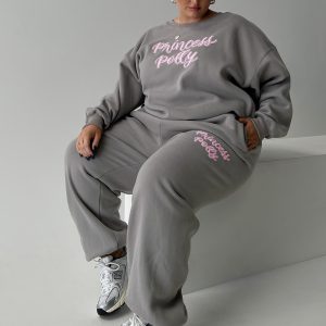 Princess Polly Track Pants Puff Text Charcoal Curve