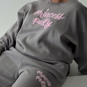 Princess Polly Crew Neck Sweatshirt Puff Text Charcoal Curve