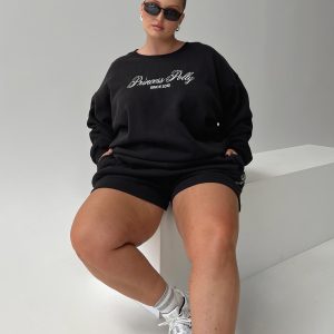 Princess Polly Track Shorts Cursive Text Black Sand Curve