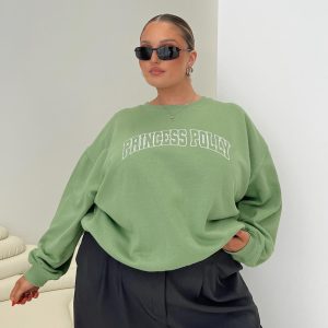 Princess Polly Crew Neck Sweatshirt Collegiate Text Green Curve