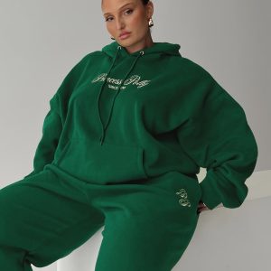 Princess Polly Hooded Sweatshirt Script Green / Ivory Curve
