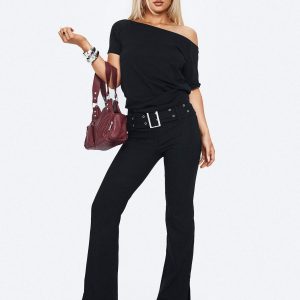 Kortnee Eyelet Detail Flare Leg Pants Black