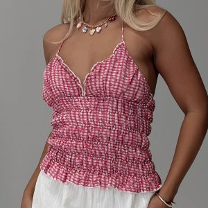 Eliette Ruched Top Pink Check