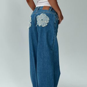 A Keeper Flower Patch Low Rise Wide Leg Jeans Mid Blue