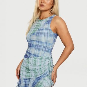 Timelapse Asymmetrical Splice Mini Dress Blue / Green Plaid