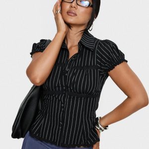 Deserve You Puff Sleeve Button Front Top Black Stripe