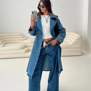 Honeyed Denim Trench Coat Mid Wash