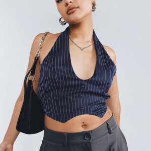 Oriana Top Navy Pinstripe