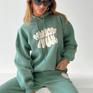 Princess Polly Hooded Sweatshirt Bubble Text Sage / Eggshell