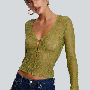 Prized Possessions Sheer Button Up Top Green