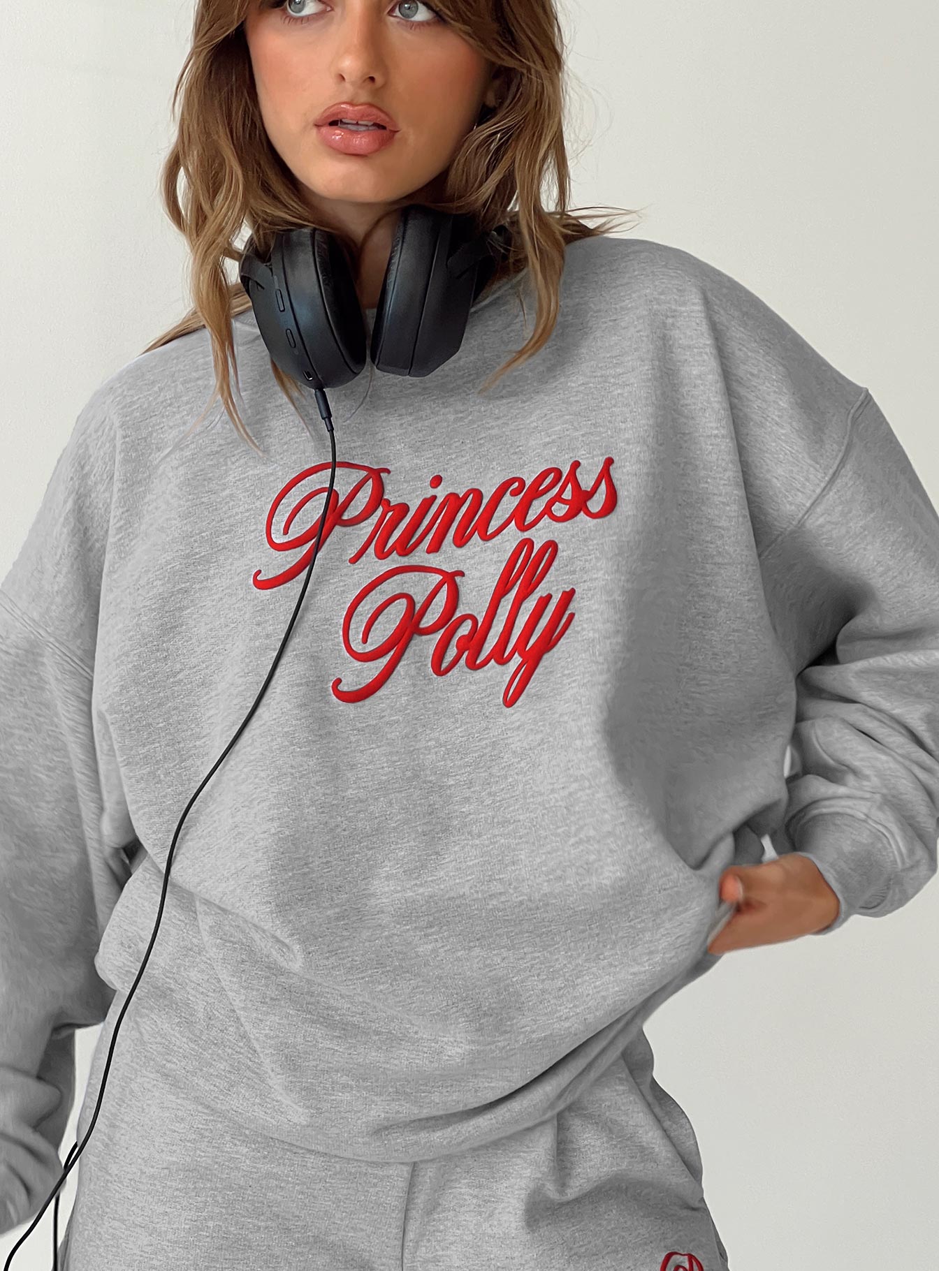Princess Polly Crew Neck Sweatshirt Cursive Text Grey Marle / Red - Image 8