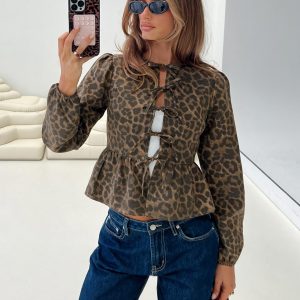 Recognize Tie Detail Long Sleeve Top Leopard