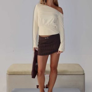 Yellena Buckle Mini Skirt Brown Pinstripe