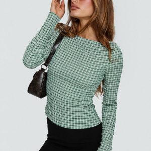 Every Second Boat Neck Long Sleeve Top Green Check