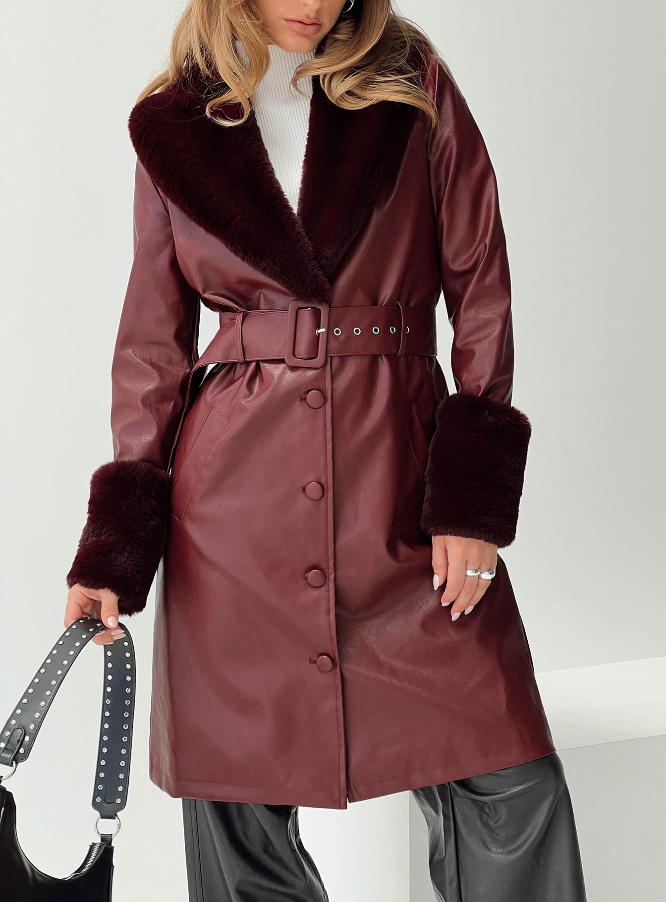 Brooklyn Faux Leather Longline Coat Burgundy - Image 6
