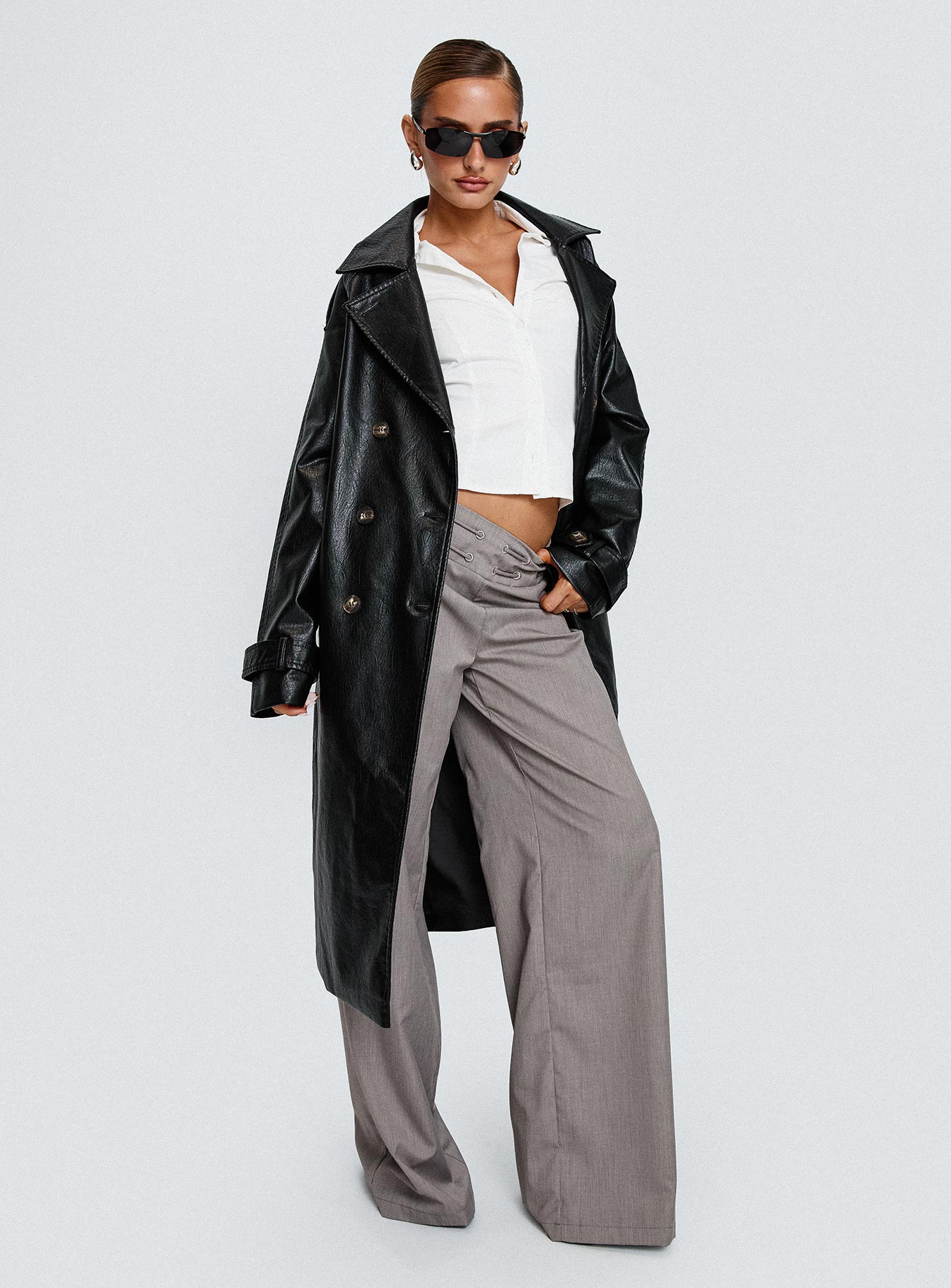 Think Later Faux Leather Trench Coat Black - Image 9