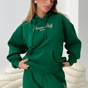 Princess Polly Hooded Sweatshirt Script Green / Ivory