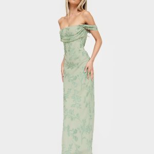 Azura Off The Shoulder Maxi Dress Green Burnout