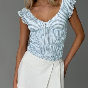 Ahead Of Myself Off Shoulder Bodysuit Blue Stripe