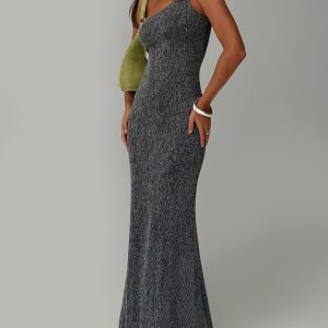 Beckon One Shoulder Maxi Dress Black Glitter