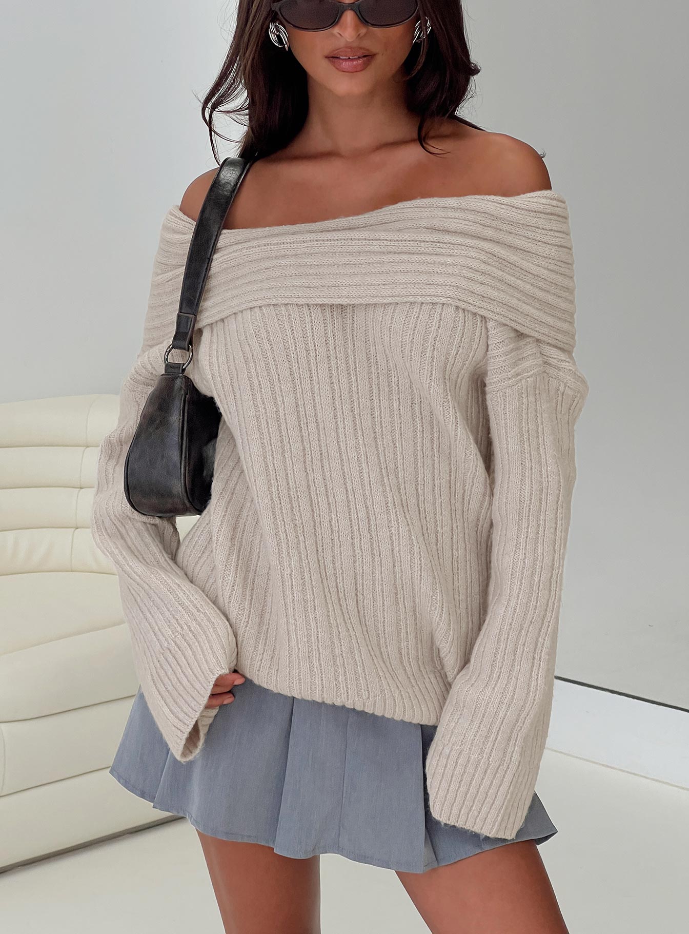 Mirrelle Off Shoulder Knit Sweater Beige - Image 8