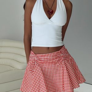 Sweet Verona Ruched Mini Skirt Red Check