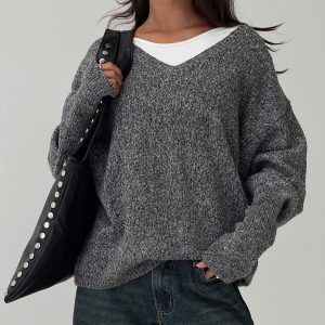 Beyond My Gaze V Neck Knit Sweater Grey