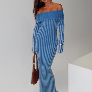 Mariska Long Sleeve Rib Maxi Dress Blue