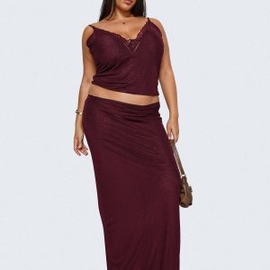 Reiko Lace Trim Tie Front Maxi Set Burgundy Curve