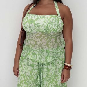 Finesse Halter Top Green Floral Curve