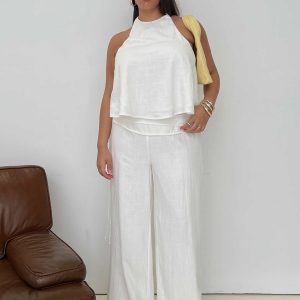 Silver Moon Linen Blend Tie Pants White Curve