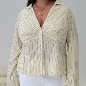 Life Begins Long Sleeve Lace Trim Top Cream Stripe Curve
